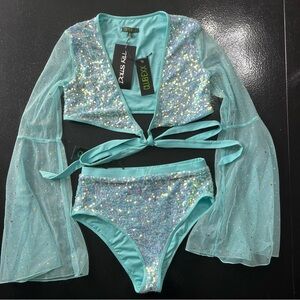❌ SOLD Club Exx Aqua Blue Sequin Tie Front Crop Top & High Waist Bottom Rave